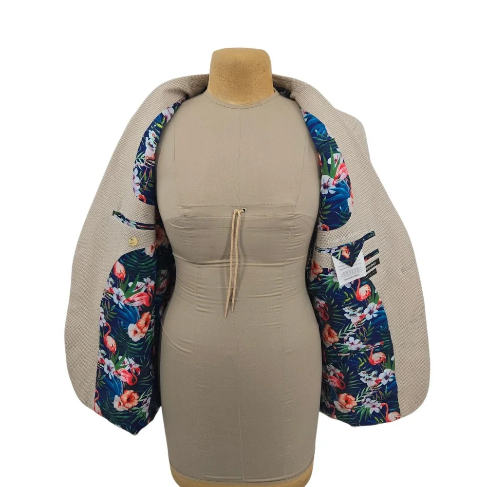 Indochino Blazer Mens Custom Tan Gingham‎ Wool Blend Tropical Flamingo Lining